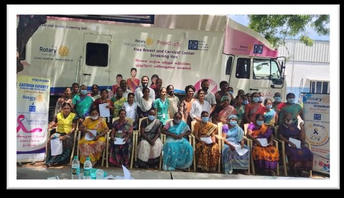 Women gathered outside the mobile screening unit at a camp