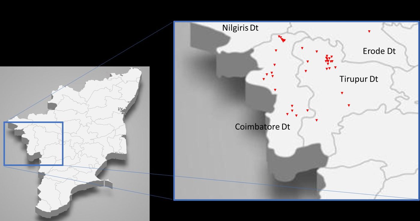 Map of Project HEAL camp locations across Tirupur, Erode, Coimbatore and Nilgiris districts, FY2024-25
